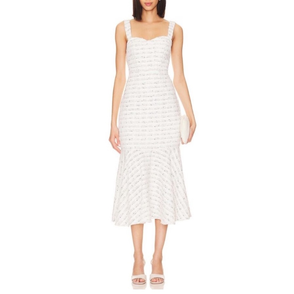 MISA Los Angeles Elke Tweed Dress Small NWT | White Metallic Midi Revolve